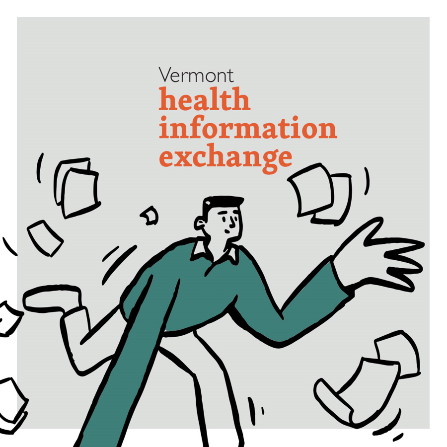 Illustration of man with papers and Vermont Health Information Exchange logo