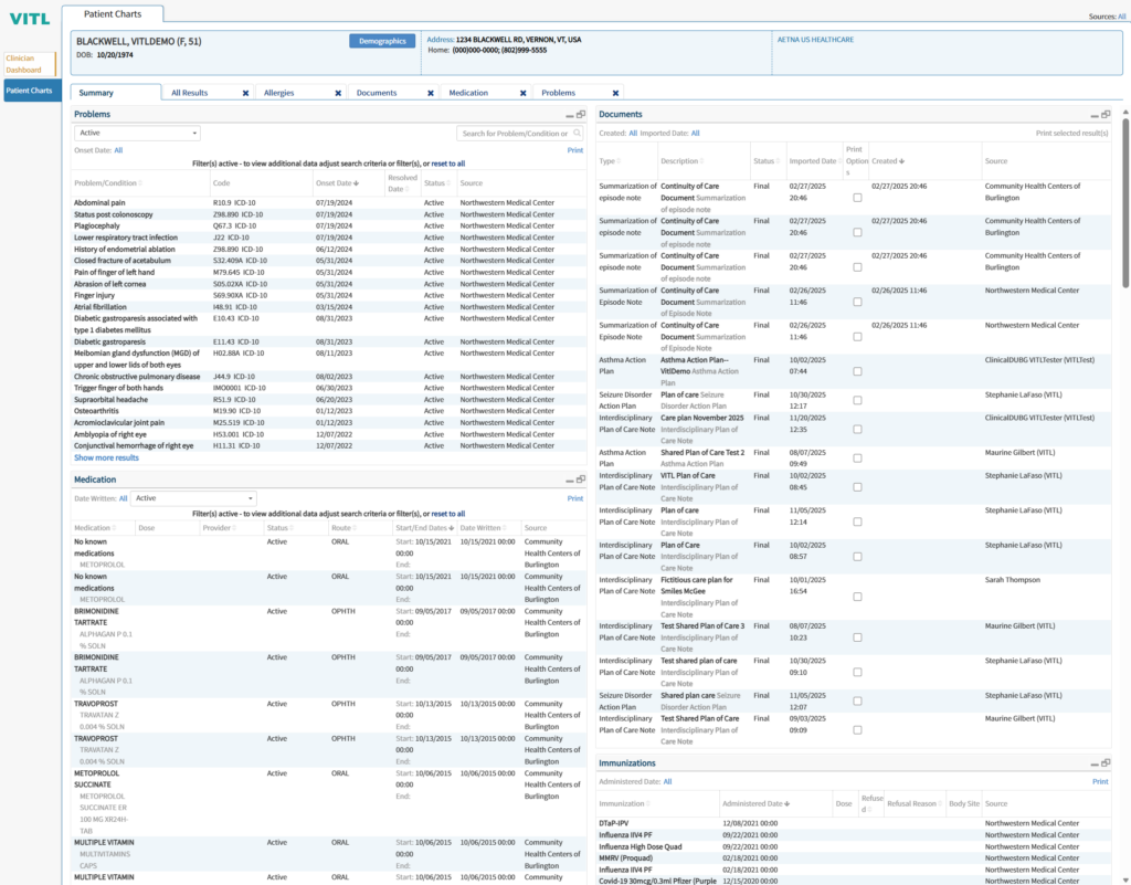 Screenshot of the Summary tab in the VITLAccess provider portal using a demo patient chart